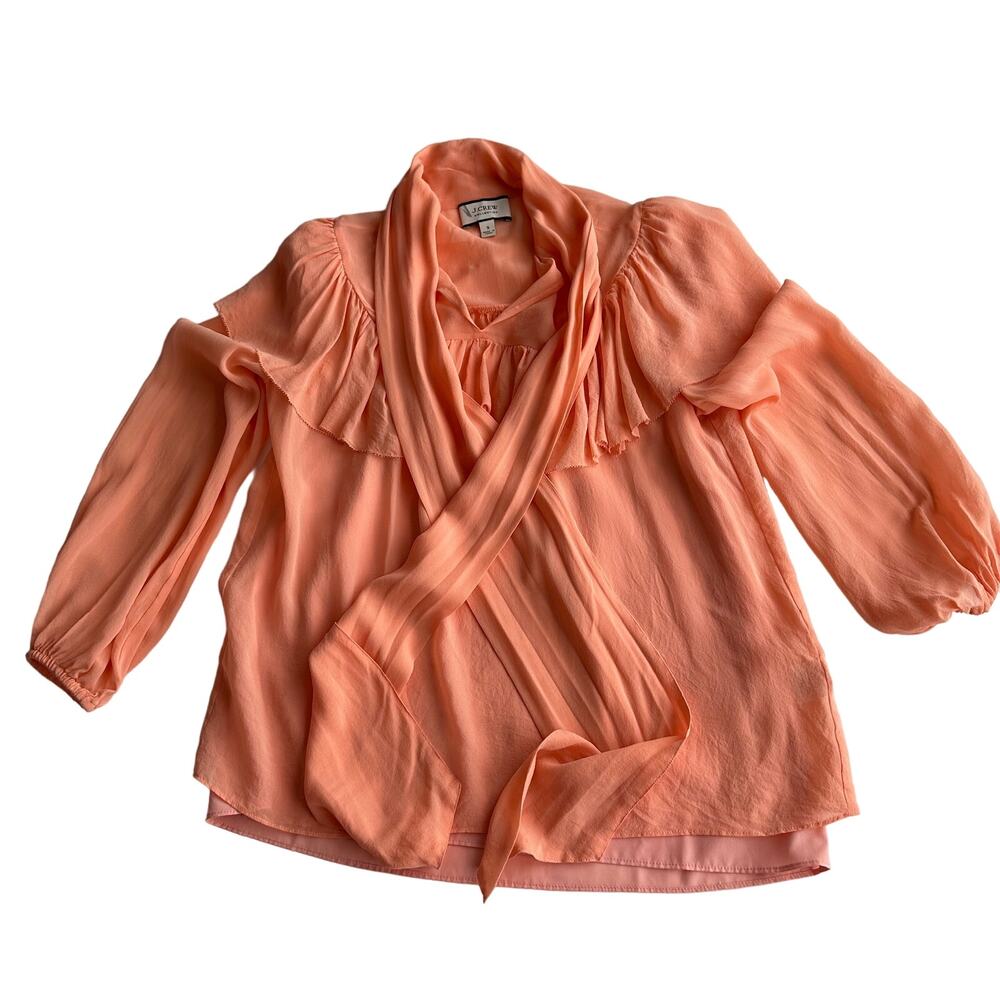J Crew Silk Chiffon Ruffle Puff Sleeve Tie Neck Girlcore Lined‎ Peach Blouse S